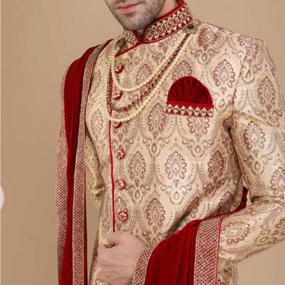 Ravishing Fawn Wedding Sherwani Gold jacquard w maroon red top - Picture 7 of 10